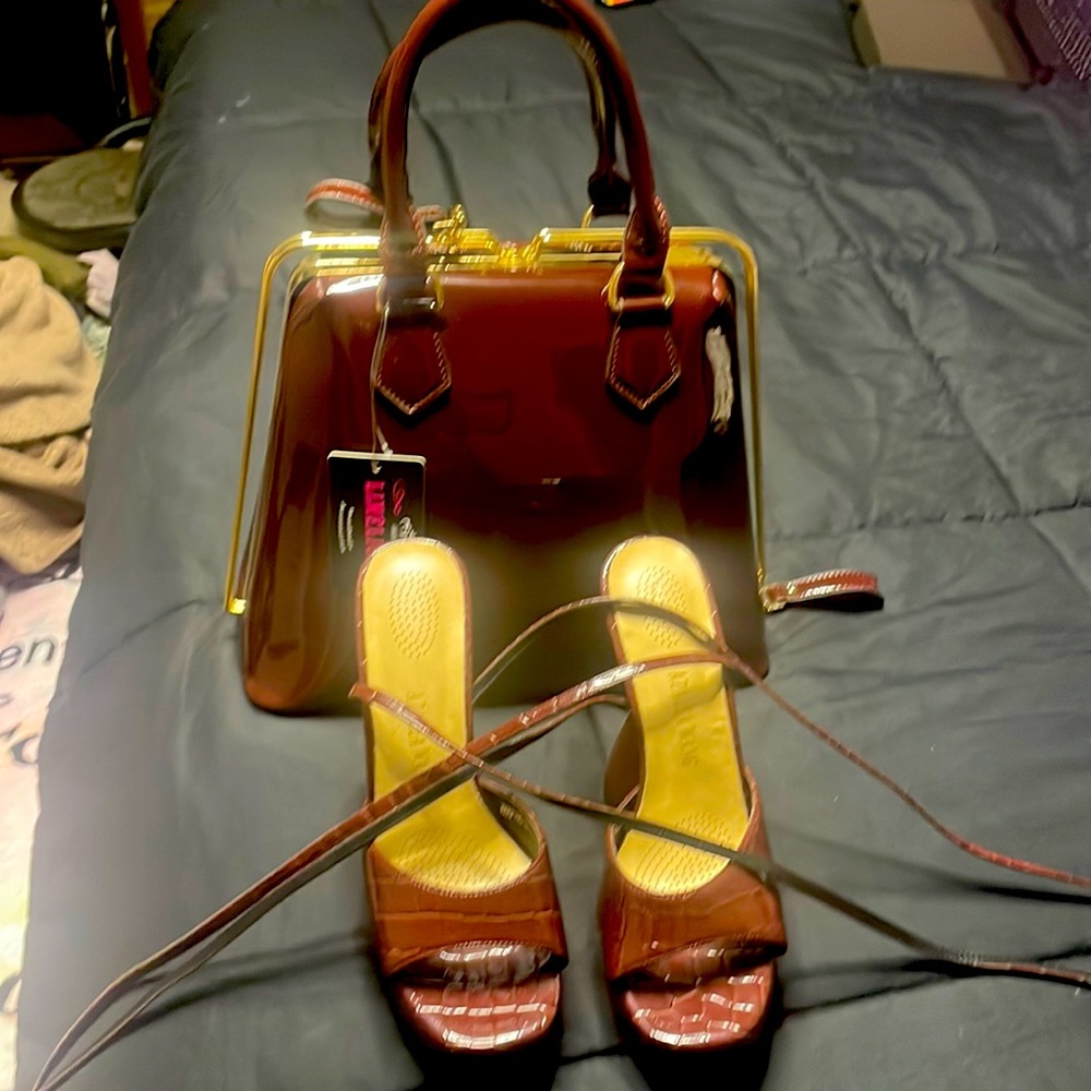 Burgundy Lime light hand bag with matching burgundy lace up platform pumps